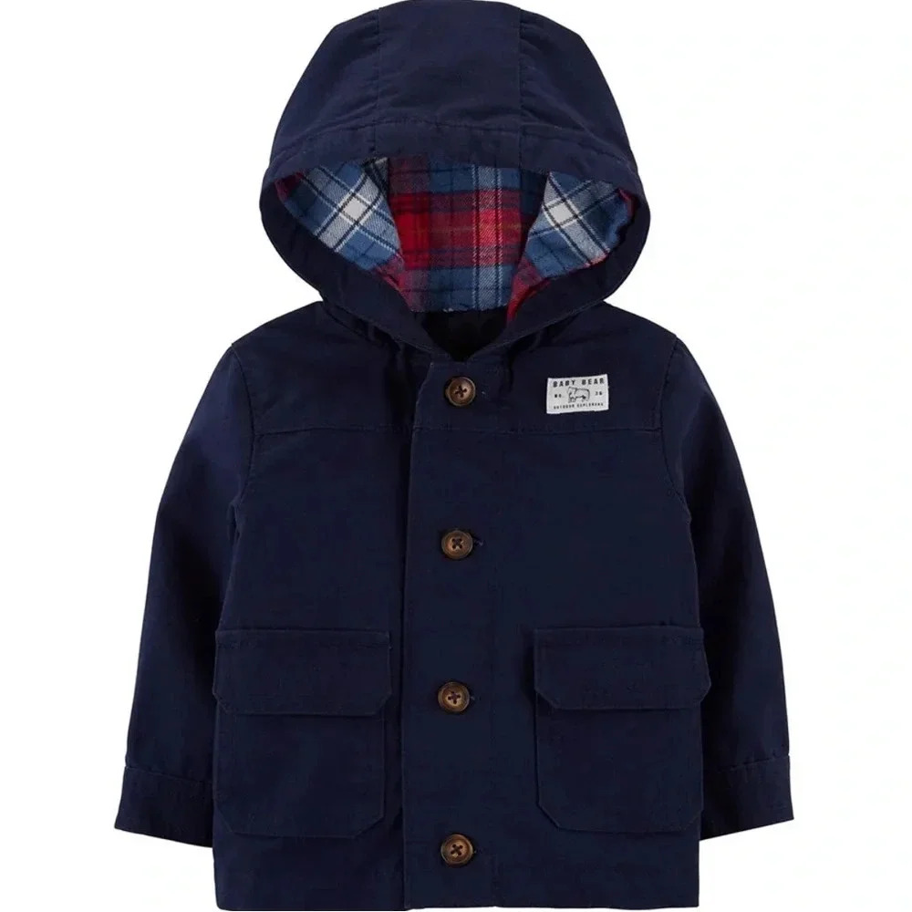 Carter’s Baby Boy Button-Front Hooded Jacket Navy Blue Plaid Size 18 Months